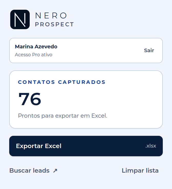 Painel do Nero Prospect com o nome fictício Marina Azevedo e 76 contatos prontos para exportar